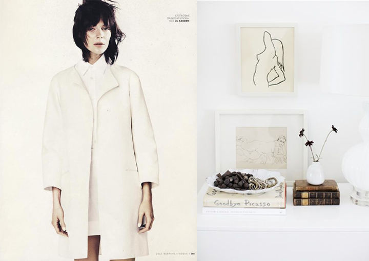 interiors imitate fashion, minimal space, neutral home, white coat, simple line drawing art | DeSmitten
